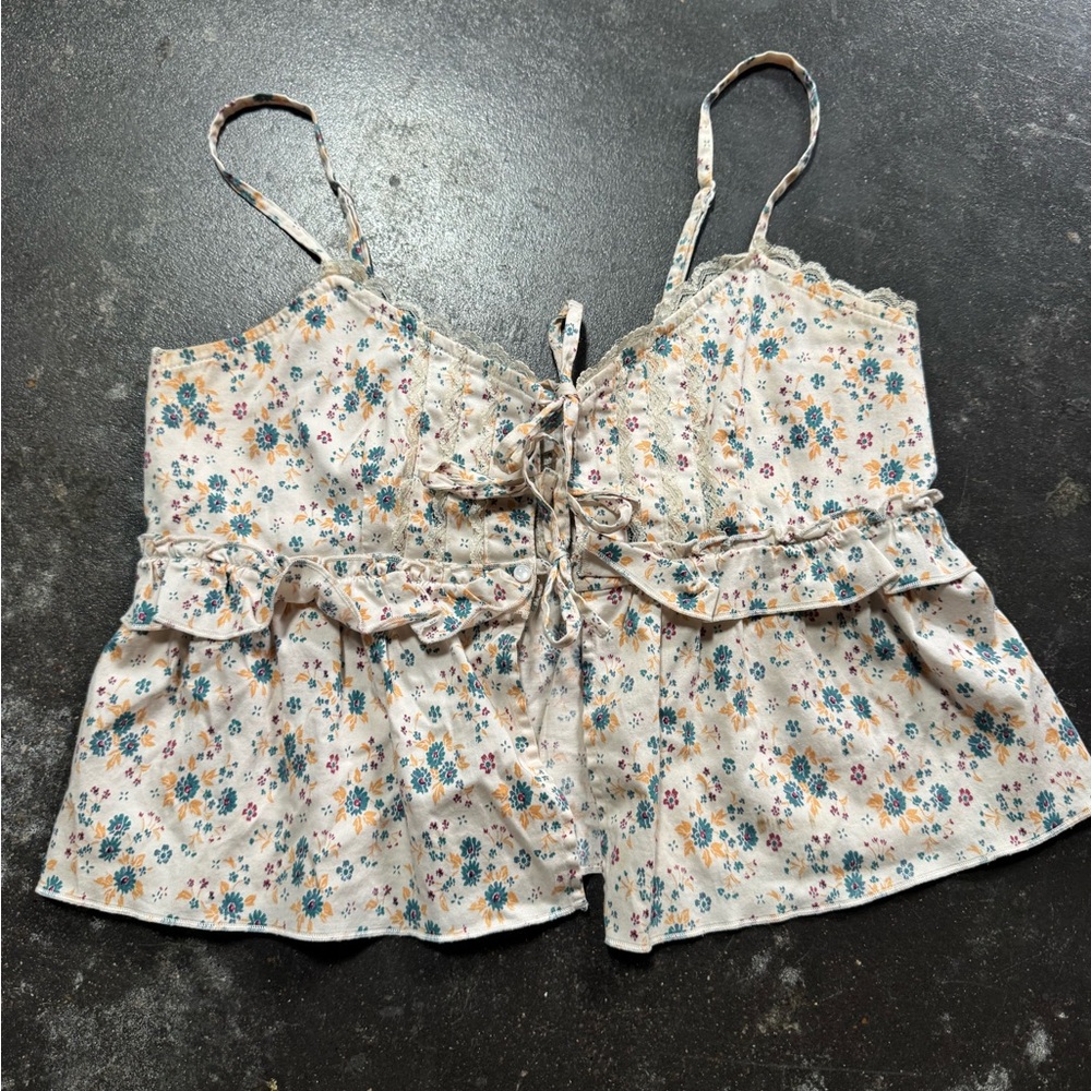 Vintage free people Floral Lace-Up Spaghetti Strap Top